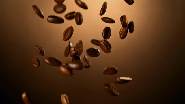 A handful of roasted coffee beans falling mid-air, suspended against a warm-toned background. Symbolizing freshness, energy, and the rich aroma of coffee culture.