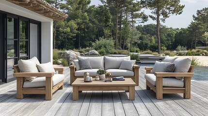 Fototapeta premium Minimalist outdoor patio with light wood furniture and clean lines