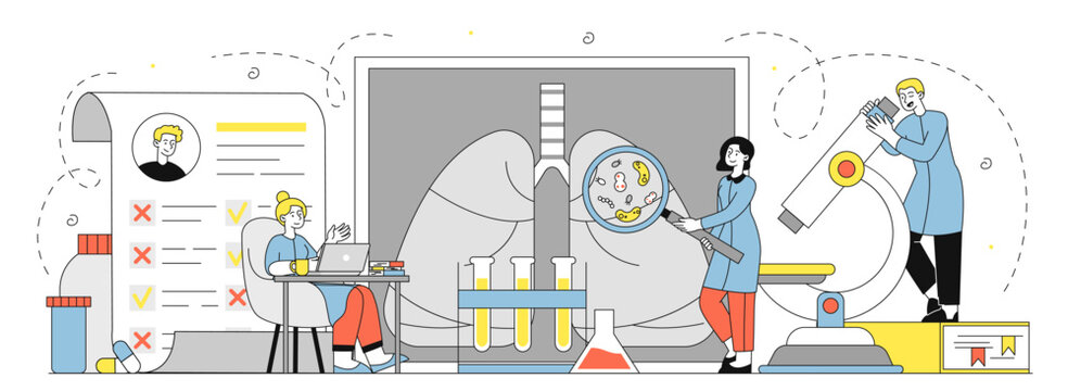 Doctors examine lungs. Man with microscope and woman with magnifying glass study respiratory system. Tests and experiments in laboratory. Linear vector illustration