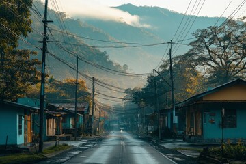 Naklejka premium Empty Street in a Mountain Village with Power Lines and Fog