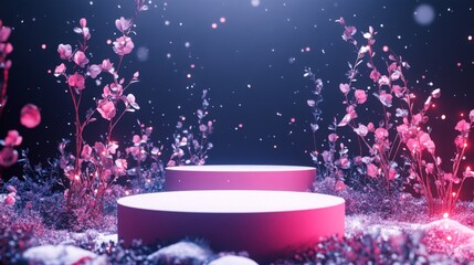 Bright pink circular platforms emerge from a vibrant garden filled with delicate flowers under a starlit sky.