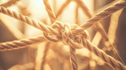 Complex web of interconnected ropes symbolizing intricate business relationships and antitrust challenges, with a focused foreground rope representing the effort to break monopolies.