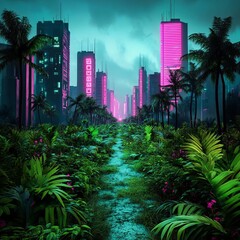 Abandoned high-tech city, overgrown with plants, neon signs flickering in the distance