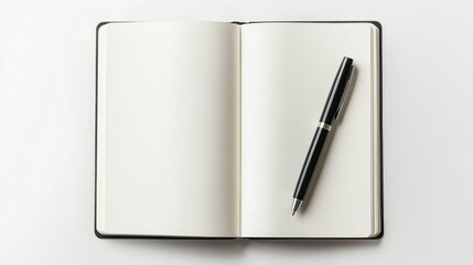 Open Blank Notebook with Pen Ready for Custom Text or Design on Clean White Background Ideal for Journaling, Planning, and Stationery Templates