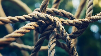 Complex web of interconnected ropes symbolizing intricate business relationships and antitrust challenges, with a focused foreground rope representing the effort to break monopolies
