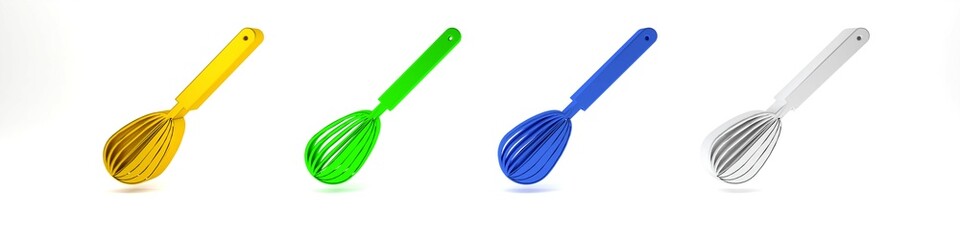 Colorful Kitchen whisk icon isolated on white background. Cooking utensil, egg beater. Cutlery sign. Food mix symbol. Minimalism concept. 3D render illustration