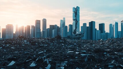 Crumbling skyscrapers, nature reclaiming urban sprawl, advanced tech debris scattered