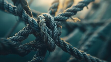 Complex web of interconnected ropes symbolizing intricate business relationships and antitrust challenges, with a focused foreground rope representing the effort to break monopolies