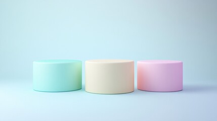 Minimalist pastel podiums: three cylindrical platforms in mint, cream, and pink hues stand elegantly against a soft blue backdrop, perfect for product display.