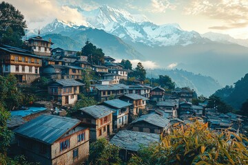 Obraz premium Traditional Houses nestled in a Himalayan Valley at Dawn