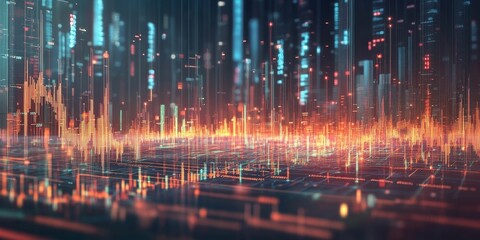 Abstract digital city skyline glowing red and blue.