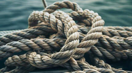 Complex web of interconnected ropes symbolizing intricate business relationships and antitrust challenges, with a focused foreground rope representing the effort to break monopolies