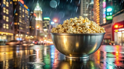 Metallic Bowl of Popcorn Against Neon City Lights in Rainy Night Silhouette