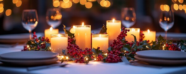 A table centerpiece with glowing candles surrounded by mistletoe and berries, romantic holiday dinner setup.