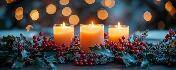A table centerpiece with glowing candles surrounded by mistletoe and berries, romantic holiday dinner setup.