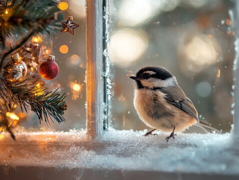 A tiny chickadee sitting on a frosted window sill, peeking at a decorated Christmas tree inside.