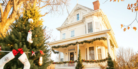 Victorian mansion decorated with Christmas decorations,  christmas background