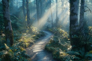 Obraz premium Sunbeams Illuminating a Stone Path in a Lush Forest