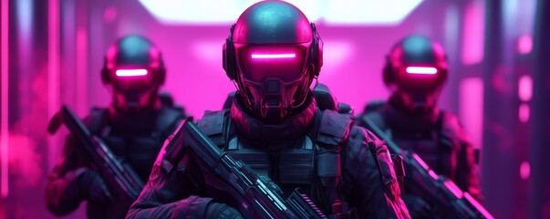 Cyberpunk resistance fighters, neon-lit underground base, dystopian technology