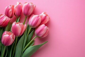 Fototapeta premium Bouquet of Pink Tulips on a Pastel Pink Background