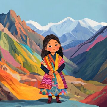 Cartoon girl in a Tibetan chuba, standing by a colorful mountain backdrop
