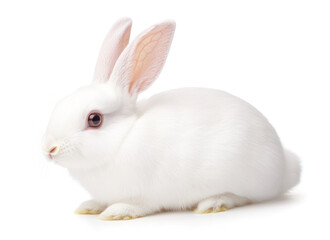 Fluffy white rabbit in sitting position, showcasing its soft fur and gentle expression