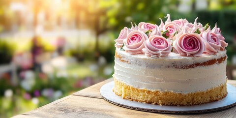 Naklejka premium Exquisite Layer Cake Adorned with Elegant Pink Roses for Any Celebration or Special Occasion