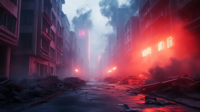 Dark dystopian streets, smog-filled skies, broken neon lights flickering in the distance