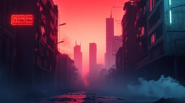 Dark dystopian streets, smog-filled skies, broken neon lights flickering in the distance