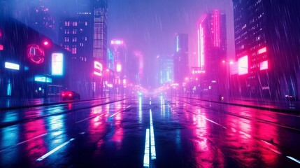Fototapeta premium Dark futuristic cityscape, neon glow, rain falling on empty streets, heavy smog