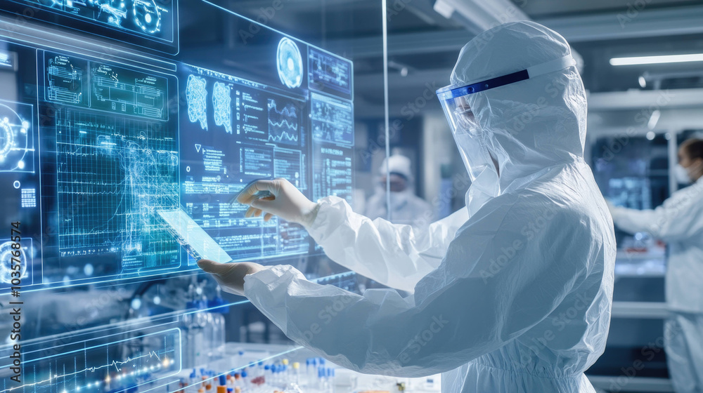 Aufkleber focused scientist in full protective suit analyzes data on digital screen in high tech laboratory. environment reflects advanced research and safety protocols