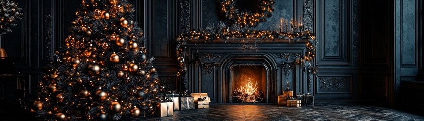 Gothic Christmas tree with dark ornaments and antique silver details, moody and dramatic holiday style.