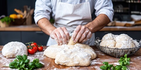 Fototapeta premium Artisan Baker Crafting Fresh Dough on a Rustic Wooden Table with Fresh Ingredients and Flour Dusting