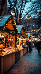 Fototapeta premium festive market scene with stalls selling holiday decorations and treats, illuminated by warm lights, creating joyful atmosphere
