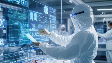 focused scientist in full protective suit analyzes data on digital screen in high tech laboratory. environment reflects advanced research and safety protocols