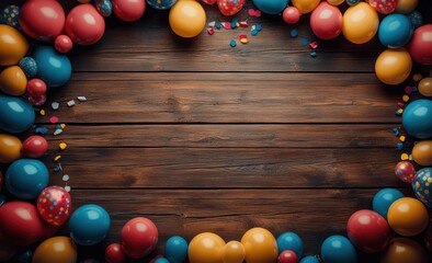 Obraz premium Festive Background with Colorful Balloons and Wooden Surface