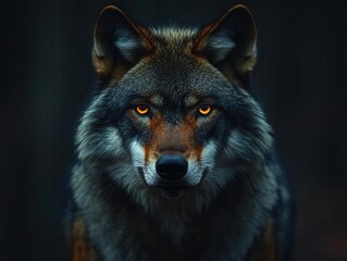 Obraz premium wolf with piercing yellow eyes and a striking red glow illuminating its face, set against a dark background that heightens its fierce expression and intensity, evoking a sense of mystery and power