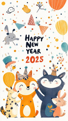 Fototapeta premium Happy New Year 2025! This playful illustration features adorable animals celebrating with balloons, confetti, and festive hats, radiating joy and excitement for new year