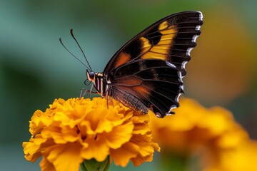 Obraz premium A butterfly resting on a marigold bloom, with wings partially open under soft sunlight