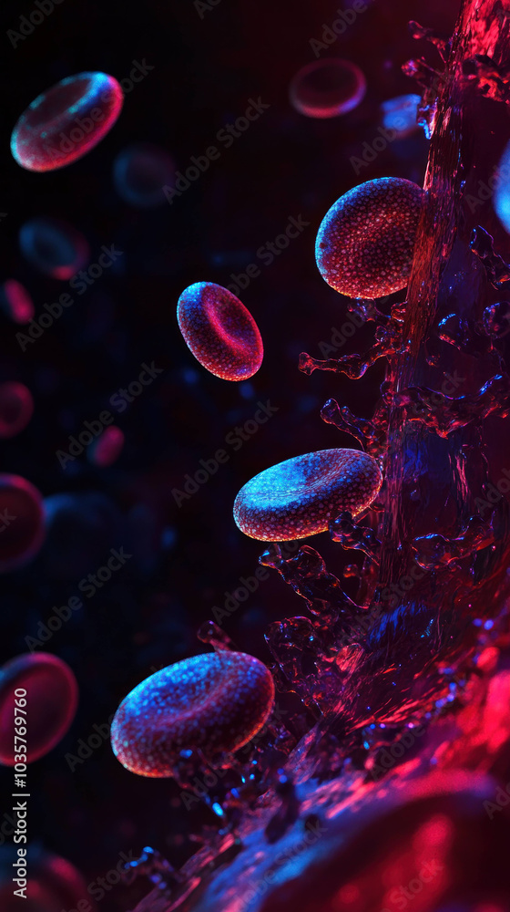 Poster Artistic macro image of blood cells showcasing vibrant colors and dynamic movement, creating captivating visual experience