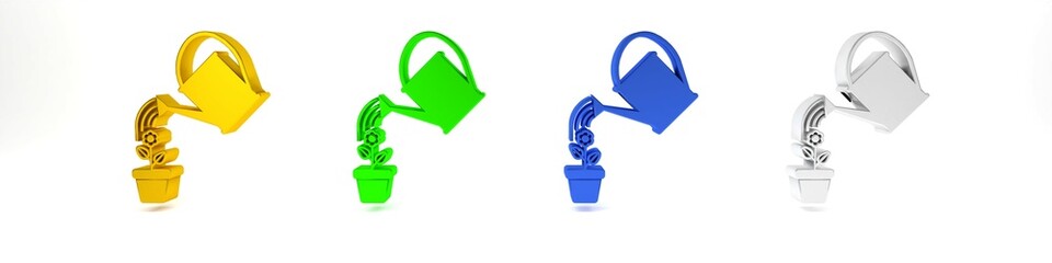 Colorful Watering can sprays water drops above flower in pot icon isolated on white background. Irrigation symbol. Minimalism concept. 3D render illustration