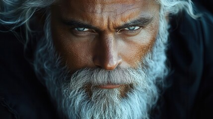 nordic hacker in a minimalist setting showcasing an intense gaze with white hair and beard sharp facial features highlighted by lowkey lighting conveying an air of mystery and expertise