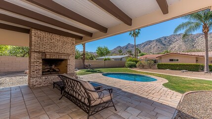 Fototapeta premium Tranquil patio view featuring a pool, lush landscape, and mountain backdrop, perfect for outdoor relaxation and entertaining.