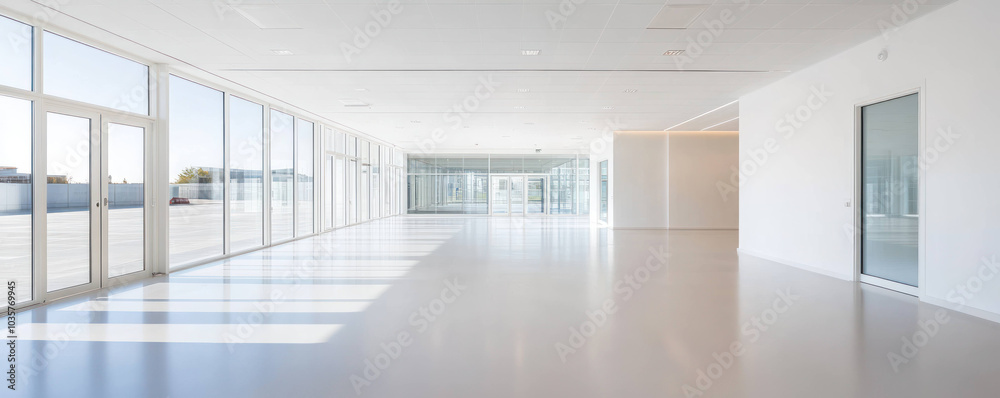 Poster bright and spacious meeting room with large windows and white ceiling, creating open and airy atmosp