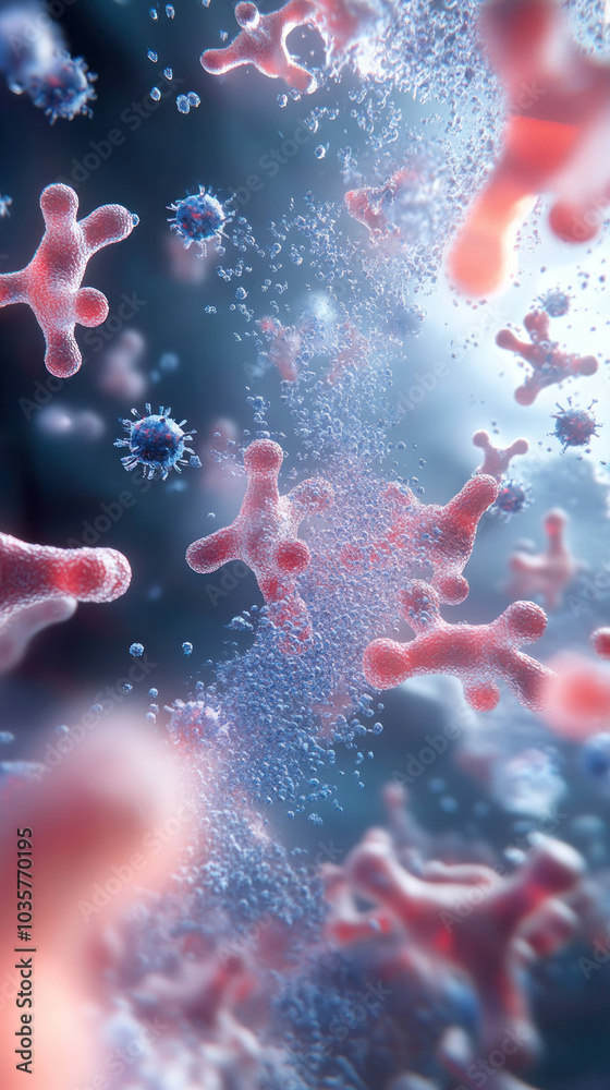 Poster Detailed close up of antibodies in blood plasma, showcasing their intricate structure and interaction with other cells. This captures dynamic environment of immune response