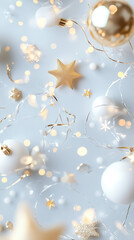 Whimsical golden stars and ornaments create festive atmosphere, surrounded by soft bokeh lights and delicate decorations, perfect for holiday celebrations