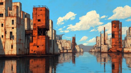 Fototapeta premium Floating cities in decay, rusted machinery, abandoned by humanity, remnants of technology