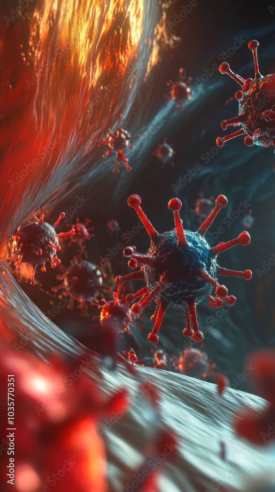 Poster Immersive macro perspective of viruses in dynamic environment, showcasing intricate details and vibrant colors. scene captures complexity of viral structures and their interactions