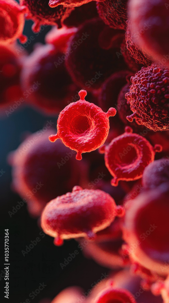 Poster intricate close up of blood cells showing antibodies and their structure, highlighting complexity an