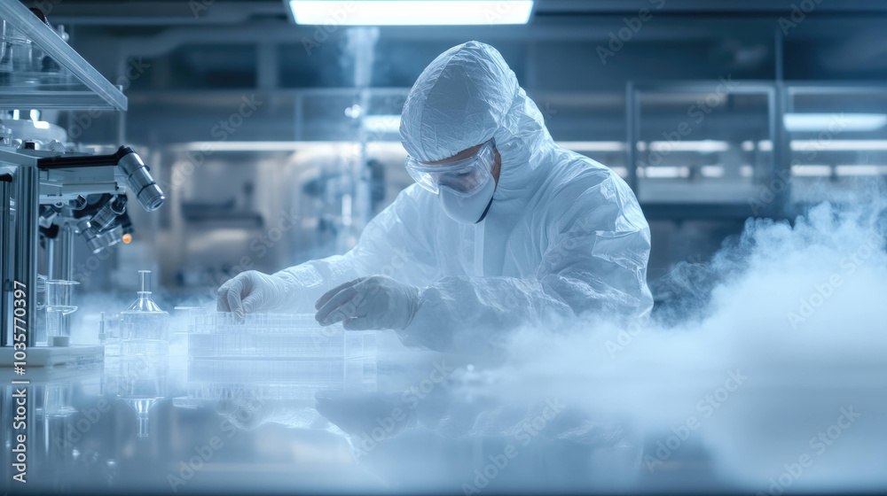 Poster scientist in high tech lab is carefully handling samples while wearing full protective suit. environment is filled with vapor, creating focused and intense atmosphere
